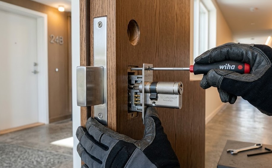 Especialista instalando cerradura de alta seguridad en puerta en Palafrugell